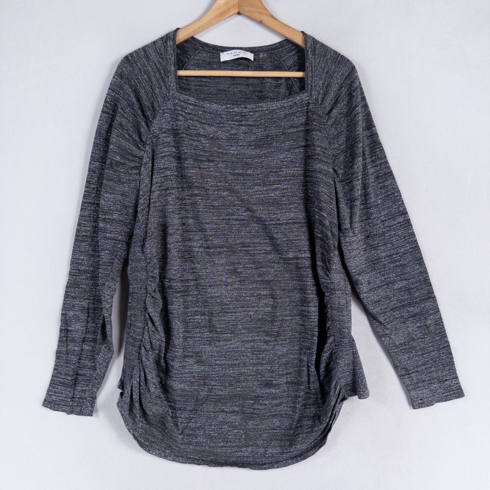 Tahari Sweater 1X Gray Silver Lightweight Square Neck Ruched Business Casual